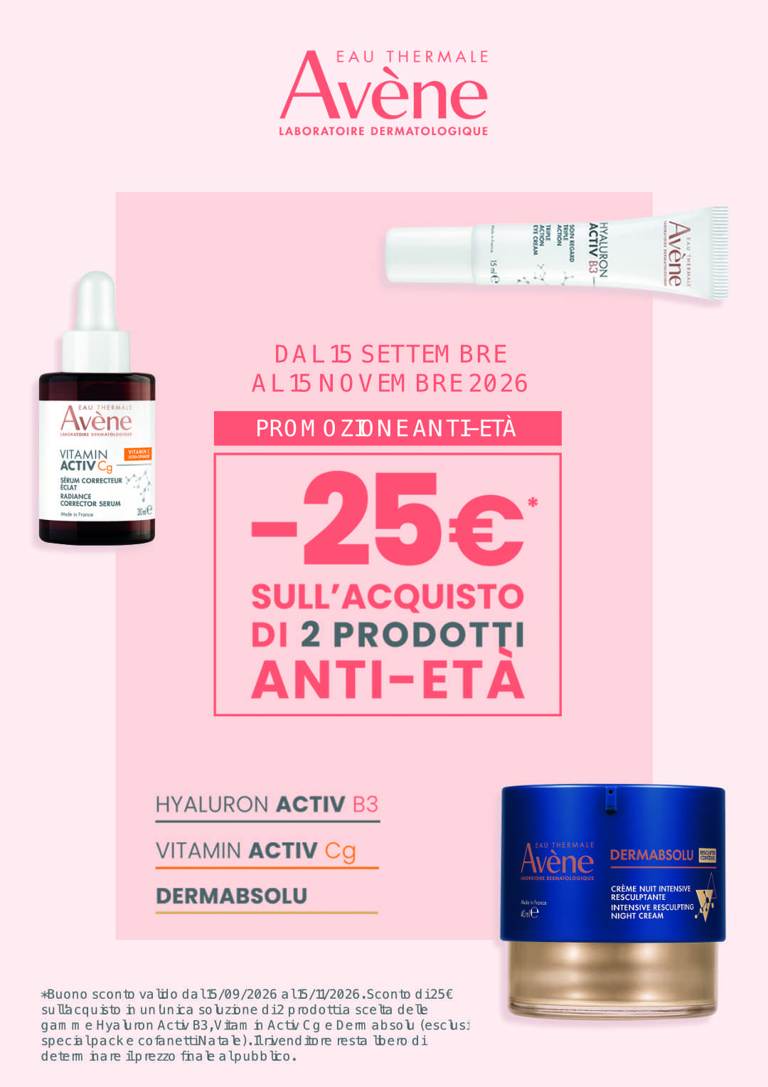 Avène: 25 euro di sconto sull'acquisto di 2 prodotti anti-età, dal 15 settembre al 15 novembre 2026
